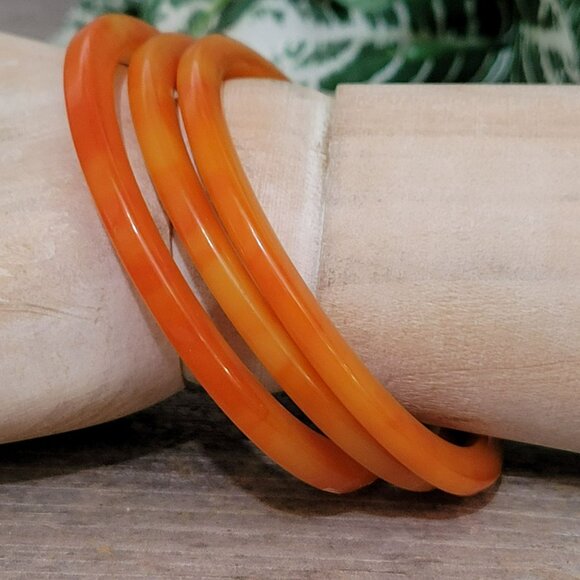 Marbled Orange Bakelite Bangles Set Of 3 Seasonal Fall Jewelry Tested - Picture 7 of 8